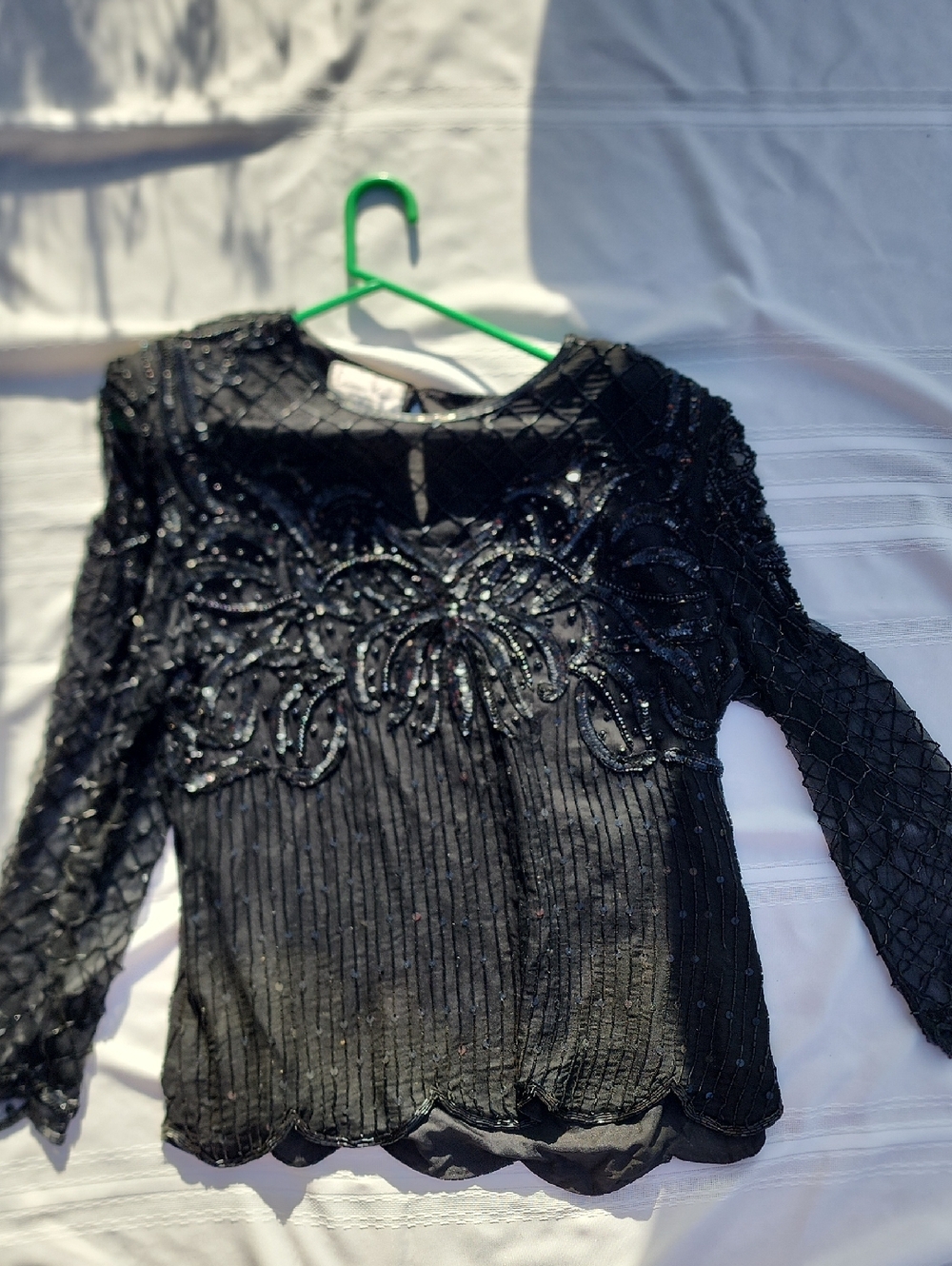 Laurence Kazar Black Beaded Evening Top 1X Long Sleeved